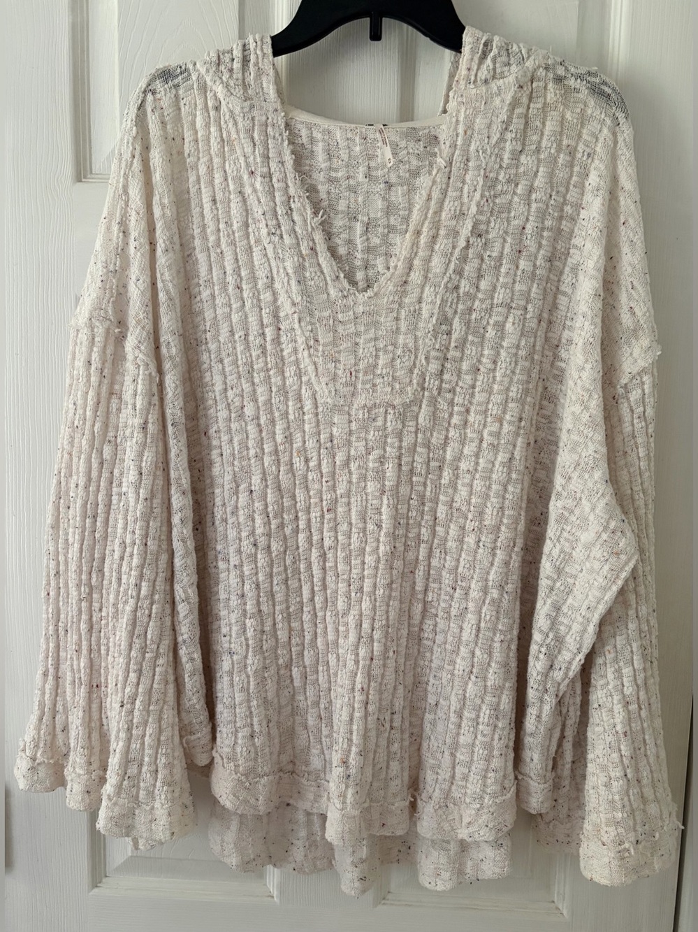 Free People Speckled Cream Ribbed V-Neck Hooded Sweater